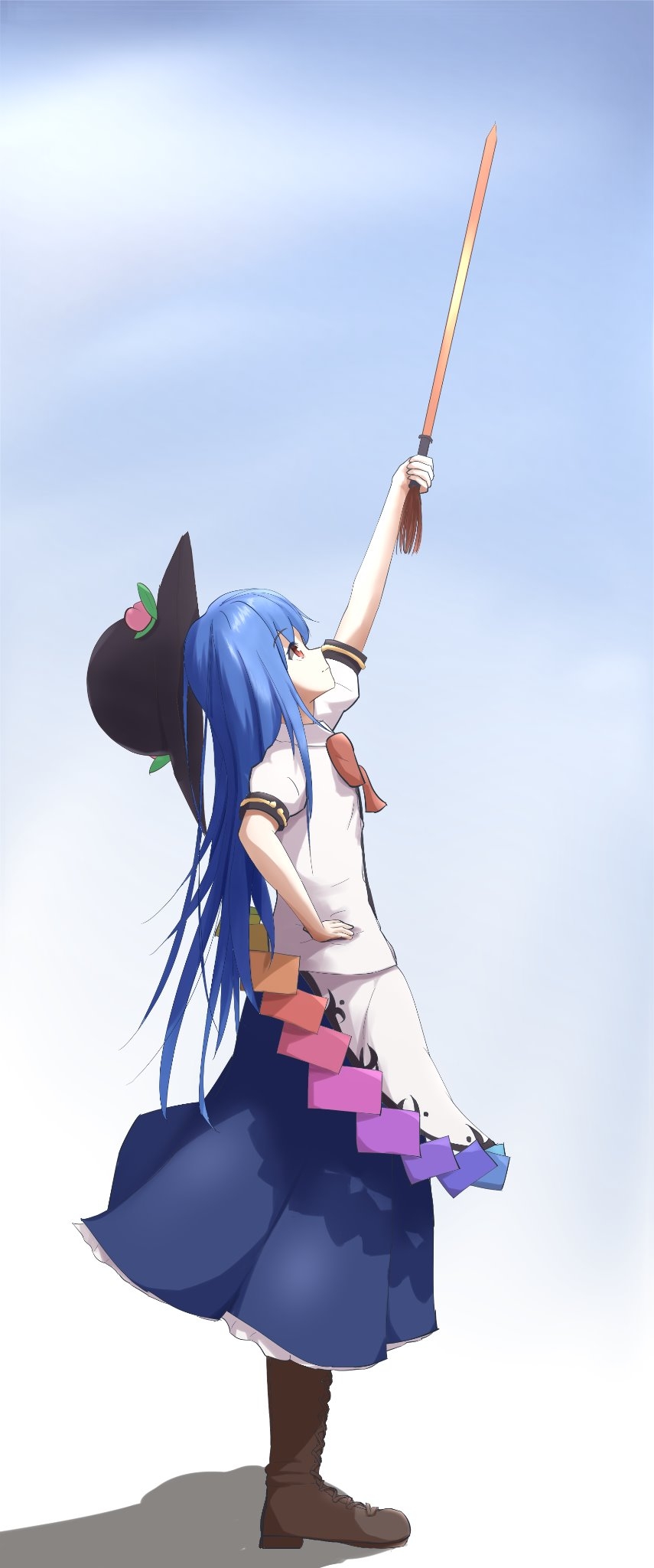 1girl black_headwear blue_hair blue_skirt blue_sky boots bow bowtie brown_footwear clouds commentary_request cross-laced_footwear dress eyebrows_visible_through_hair flat_chest food from_side fruit full_body hand_on_hip hat hat_loss head_tilt highres hinanawi_tenshi holding holding_sword holding_weapon layered_dress leaf light_smile long_hair looking_up outstretched_arm peach petticoat puffy_short_sleeves puffy_sleeves red_eyes red_neckwear resa_7z_(resastr) shadow shirt short_sleeves skirt sky solo standing sword sword_of_hisou touhou very_long_hair weapon white_shirt