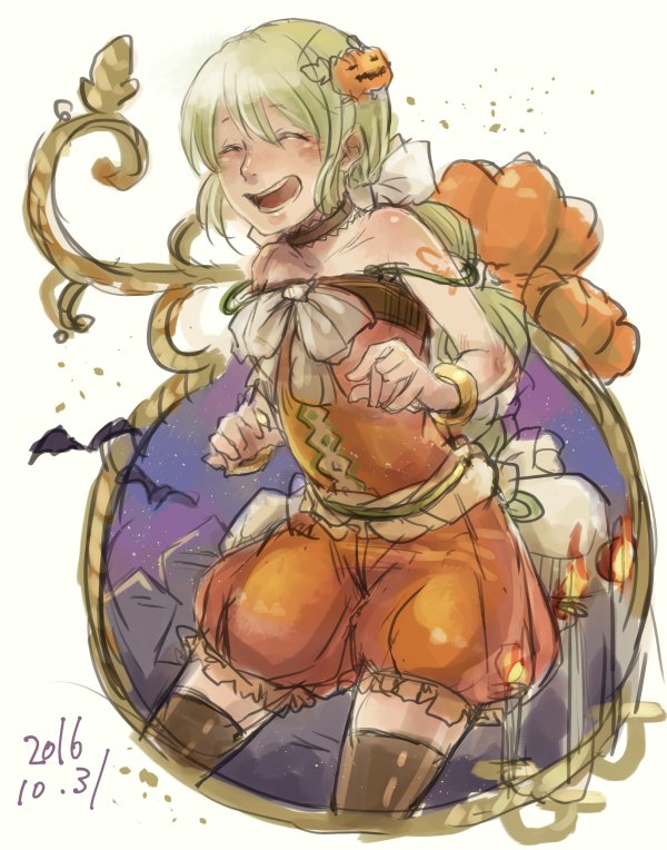 1girl black_legwear choker green_hair hair_ornament hair_ribbon hairclip halloween long_hair multi-tied_hair open_mouth ponytail ribbon saga saga_frontier_2 sakaki-no shorts smile solo thigh-highs very_long_hair virginia_knights