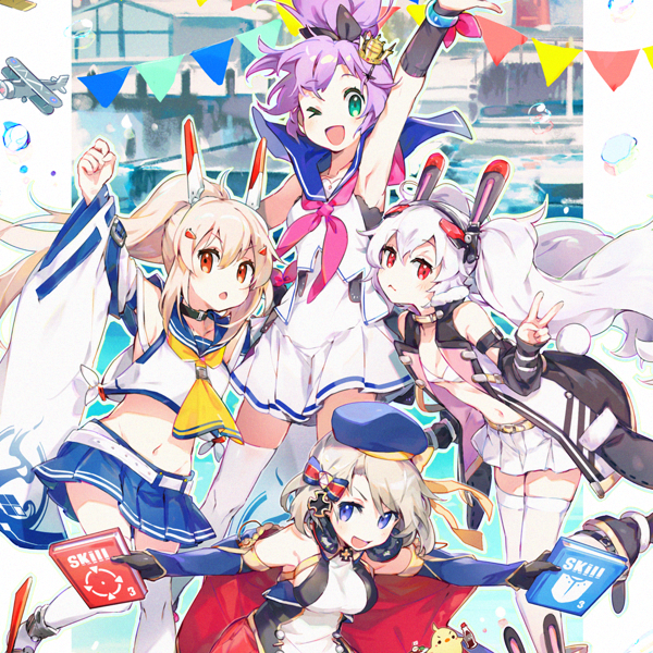 4girls animal_ears ayanami_(azur_lane) azur_lane beret blue_eyes blue_sailor_collar bra crop_top crown fake_animal_ears green_eyes hairband hat headgear high_ponytail iron_cross jacket javelin_(azur_lane) laffey_(azur_lane) light_brown_hair mini_crown multiple_girls namie-kun official_art open_clothes open_jacket pink_jacket pleated_skirt ponytail purple_hair rabbit_ears red_eyes red_skirt retrofit_(azur_lane) sailor_collar shirt skirt sleeveless sleeveless_jacket sleeveless_shirt thigh-highs tilted_headwear twintails underwear white_bra white_hair white_legwear yellow_neckwear z23_(azur_lane)