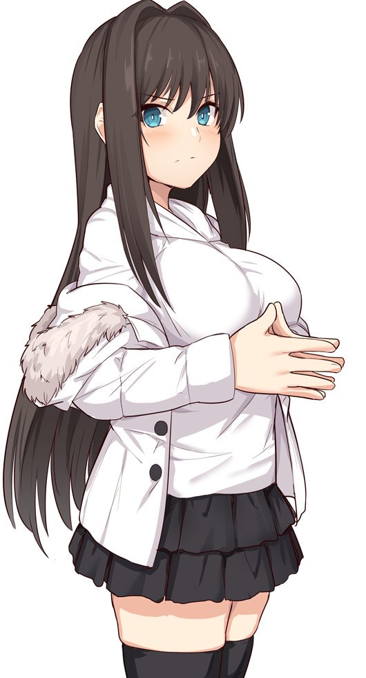 1girl bangs black_hair black_legwear black_skirt blue_eyes blush breasts commentary_request copyright_request eyebrows_visible_through_hair frown fur_trim hair_intakes jacket large_breasts long_hair long_sleeves looking_at_viewer shiseki_hirame simple_background skirt solo thigh-highs white_background white_hoodie white_jacket