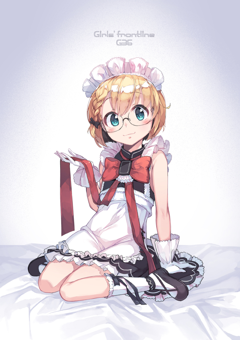 1girl apron arm_support bangs bed_sheet black_bow black_dress black_footwear blonde_hair blush bow braid character_name closed_mouth commentary_request copyright_name dress eyebrows_visible_through_hair frilled_legwear full_body g36_(girls_frontline) girls_frontline glasses gloves green_eyes hair_between_eyes hair_bow hand_up head_tilt kneehighs looking_at_viewer maid_headdress newey red_bow shoes side_braid single_braid sitting sleeveless sleeveless_dress smile solo wariza white_apron white_gloves white_legwear younger