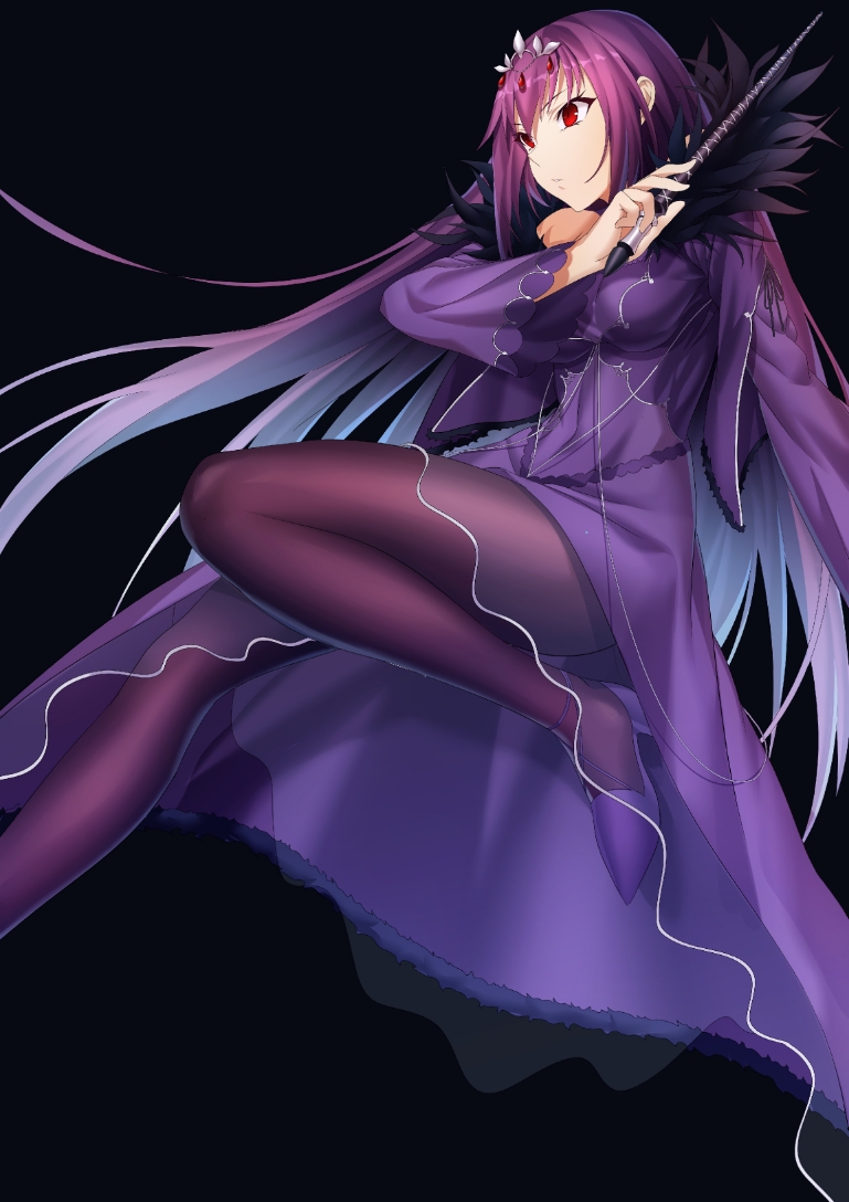 1girl bangs black_background breasts brown_legwear dress eyebrows_visible_through_hair fate/grand_order fate_(series) feather_trim fur-trimmed_dress fur_trim hair_between_eyes headpiece high_heels holding holding_wand long_hair long_sleeves looking_away medium_breasts pantyhose purple_dress purple_footwear purple_hair red_eyes scathach_(fate)_(all) scathach_skadi_(fate/grand_order) see-through shoes simple_background solo very_long_hair wand wide_sleeves xo_(xo17800108)