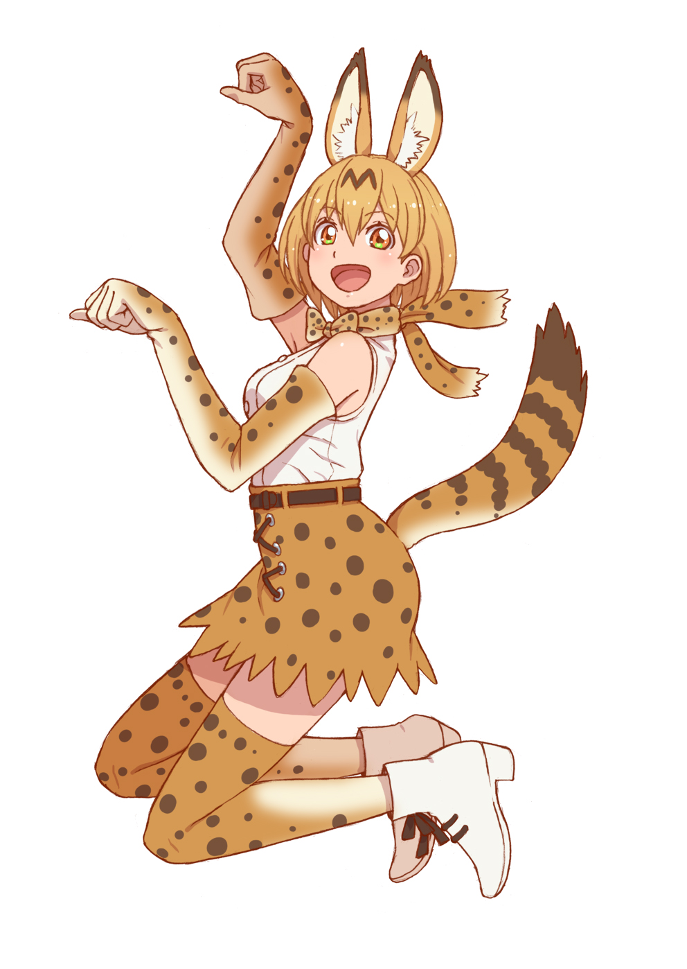 1girl :d animal_ear_fluff animal_ears animal_print bangs bare_shoulders boots bow bowtie breasts elbow_gloves eyebrows_visible_through_hair full_body gloves hair_between_eyes high-waist_skirt highres kemono_friends looking_at_viewer medium_breasts open_mouth orange_eyes orange_hair orange_skirt paw_pose serval_(kemono_friends) serval_ears serval_print serval_tail shirt short_hair simple_background skirt sleeveless sleeveless_shirt smile solo tail tanuki_koubou thigh-highs white_background white_footwear white_shirt zettai_ryouiki