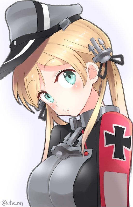 1girl ahenn anchor_hair_ornament aqua_eyes blonde_hair commentary_request hair_ornament hat head_tilt iron_cross kantai_collection looking_at_viewer low_twintails microskirt military military_uniform peaked_cap prinz_eugen_(kantai_collection) simple_background skirt solo twintails twitter_username uniform upper_body white_background