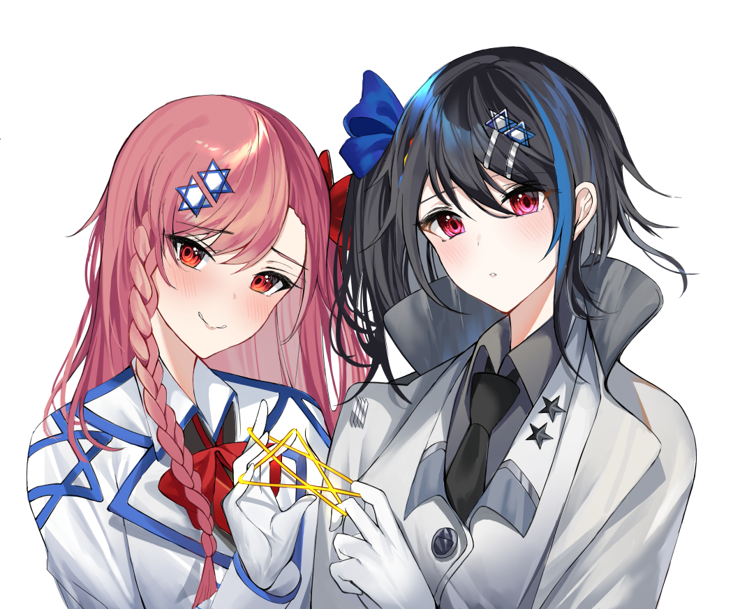 black_hair blue_hair blush bow braid coat girls_frontline gloves hair_ornament hairclip hexagram jericho_(girls_frontline) long_hair multicolored_hair necktie negev_(girls_frontline) overcoat pink_hair red_bow red_eyes snap-fit_buckle star_of_david streaked_hair user_pkgd2223 white_gloves