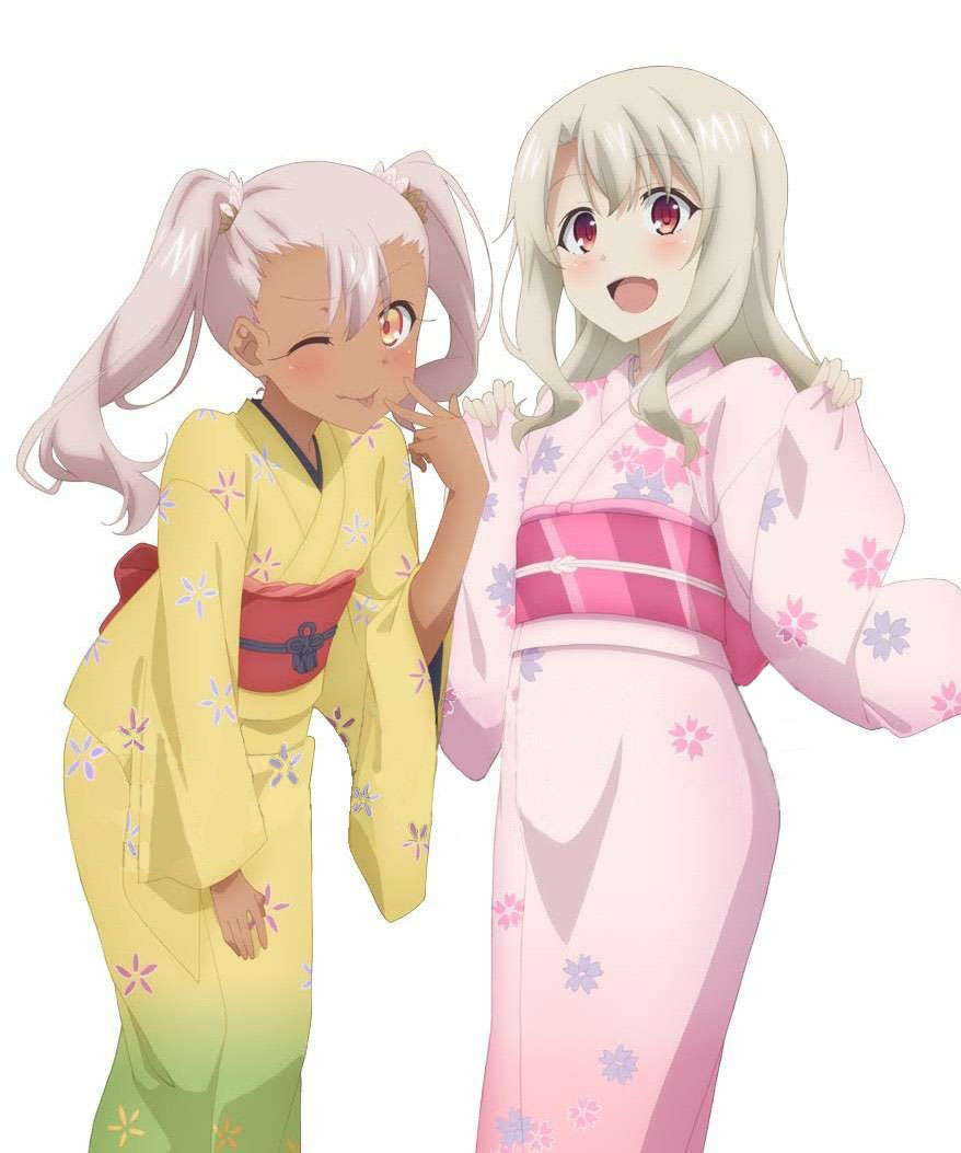 2girls blush breasts chloe_von_einzbern dark_skin fate/kaleid_liner_prisma_illya fate_(series) floral_print illyasviel_von_einzbern japanese_clothes kimono long_hair looking_at_viewer multiple_girls obi official_art one_eye_closed open_mouth pink_hair print_kimono red_eyes sash smile twintails white_background white_hair wide_sleeves yukata