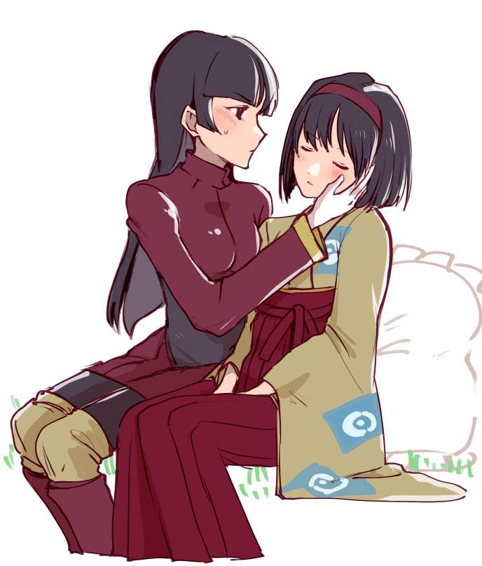 bangs black_hair blunt_bangs blush breasts closed_eyes erika_(pokemon) eyebrows_visible_through_hair gloves gym_leader hairband hand_on_another's_cheek hand_on_another's_face japanese_clothes kamele kimono long_hair multiple_girls natsume_(pokemon) pokemon pokemon_masters short_hair simple_background sitting sketch sleeping white_background white_gloves yuri