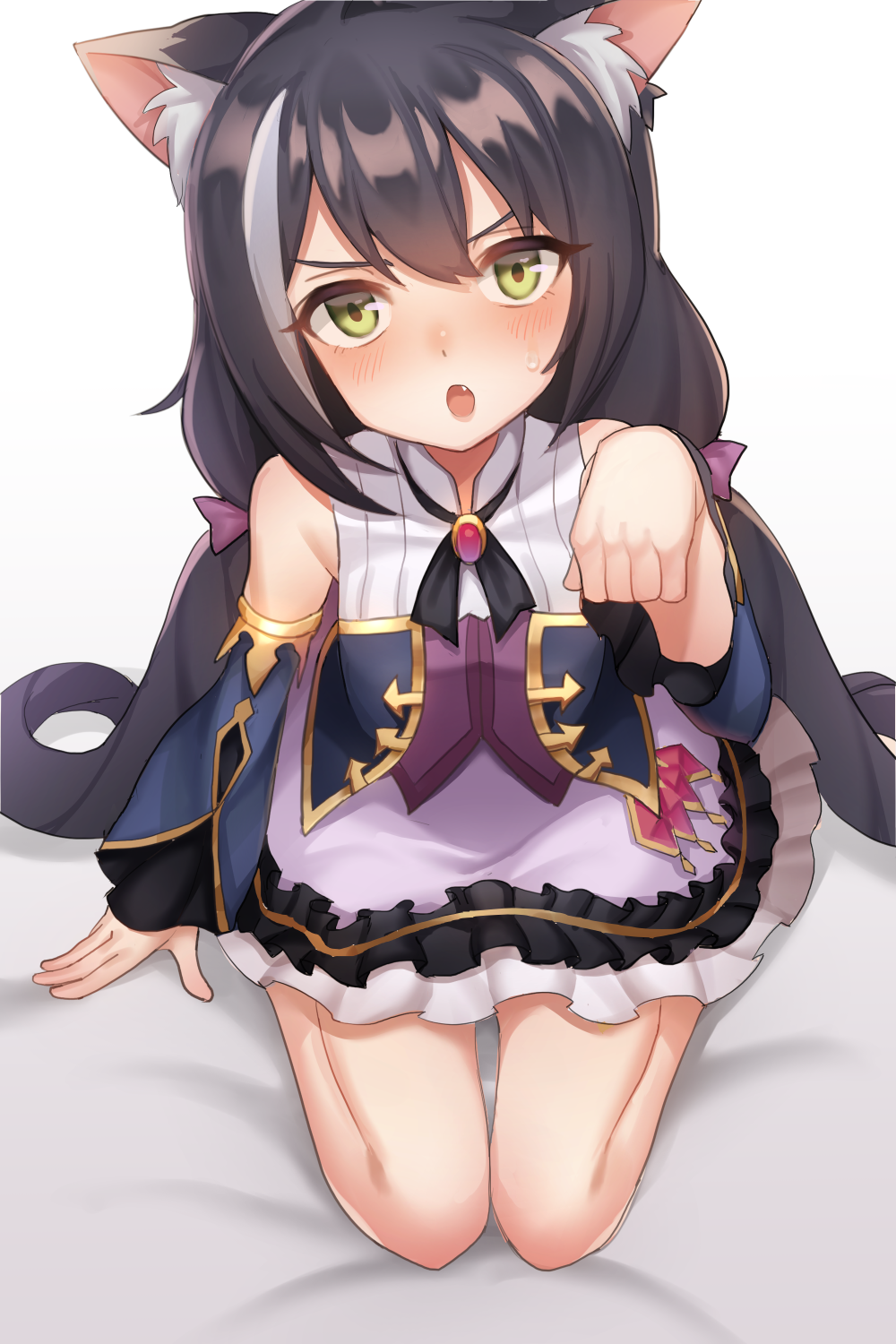 1girl animal_ear_fluff animal_ears bangs bare_shoulders black_hair blush cat_ears commentary_request eyebrows_visible_through_hair from_above green_eyes hair_between_eyes highres kyaru_(princess_connect) long_hair looking_at_viewer low_twintails multicolored_hair open_mouth planetarium_(platinumstars) princess_connect! princess_connect!_re:dive solo streaked_hair twintails very_long_hair white_hair