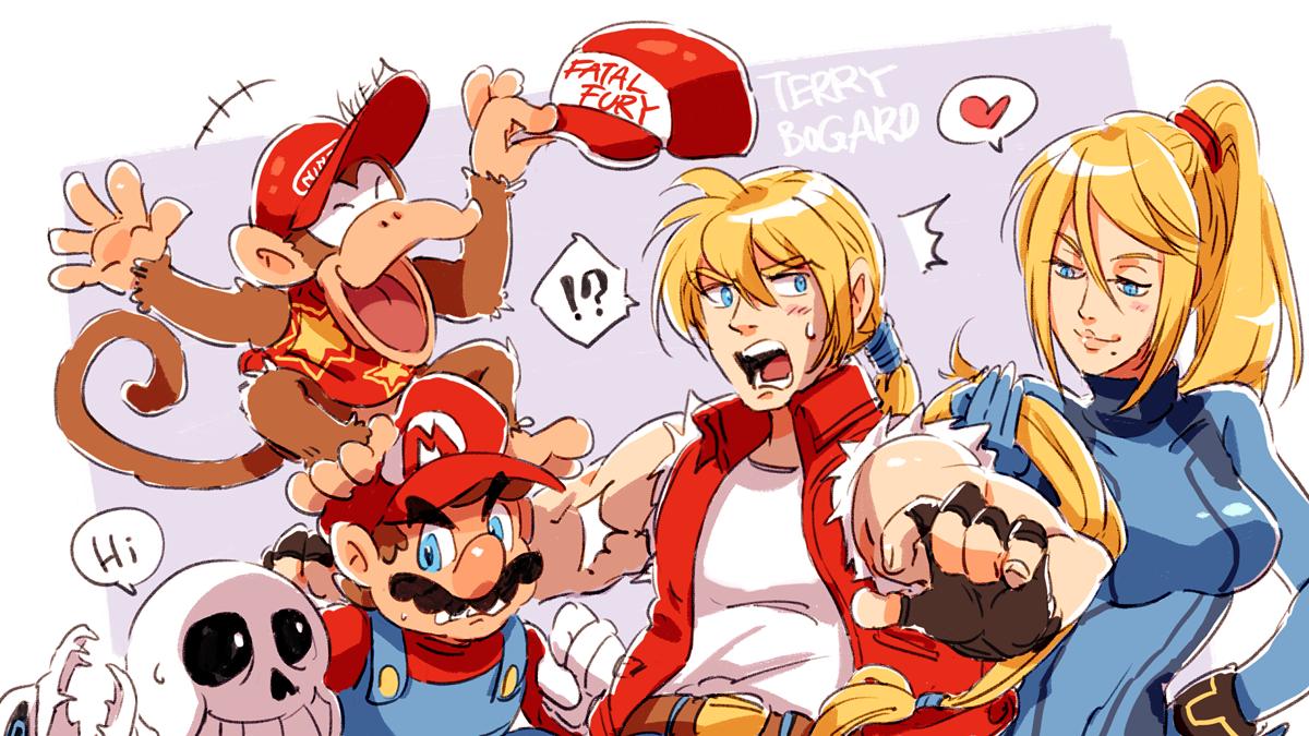 1girl animal blonde_hair blue_eyes blush bodysuit bone breasts diddy_kong donkey_kong_(series) facial_hair fatal_fury gloves hat high_ponytail jacket long_hair looking_at_viewer mario super_mario_bros. medium_breasts metroid mole mole_under_mouth monkey mustache nowitsevenhotter open_mouth overalls ponytail samus_aran sans simple_background skeleton skin_tight smile super_smash_bros. tail terry_bogard the_king_of_fighters undertale zero_suit