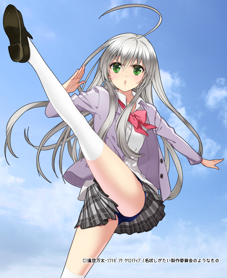 1girl ahoge barefoot blazer blue_sky bow bowtie clouds collared_shirt day dress_shirt floating_hair green_eyes grey_skirt haiyore!_nyaruko-san jacket leg_up loafers long_hair long_sleeves looking_at_viewer madara_sai miniskirt nyarlathotep_(nyaruko-san) open_blazer open_clothes open_jacket open_mouth outdoors panties pantyshot plaid plaid_skirt pleated_skirt red_bow red_neckwear school_swimsuit school_uniform shirt shoes silver_hair skirt sky solo standing standing_on_one_leg swimsuit swimsuit_under_clothes thigh-highs underwear v-shaped_eyebrows very_long_hair white_legwear white_shirt wing_collar