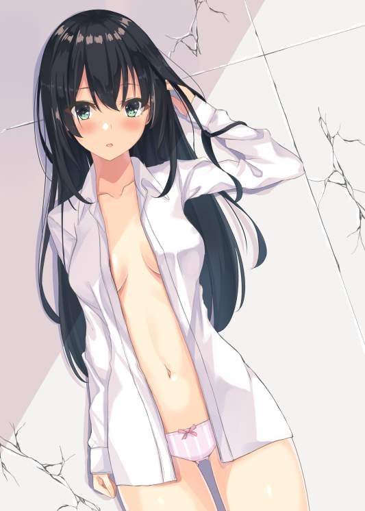 1girl aqua_eyes bangs black_hair blush breasts breasts_apart collarbone collared_shirt cowboy_shot dress_shirt hand_up hatsu_(first_snow) long_hair long_sleeves looking_at_viewer medium_breasts navel no_bra no_pants open_clothes open_shirt original panties parted_lips shirt solo underwear white_panties white_shirt