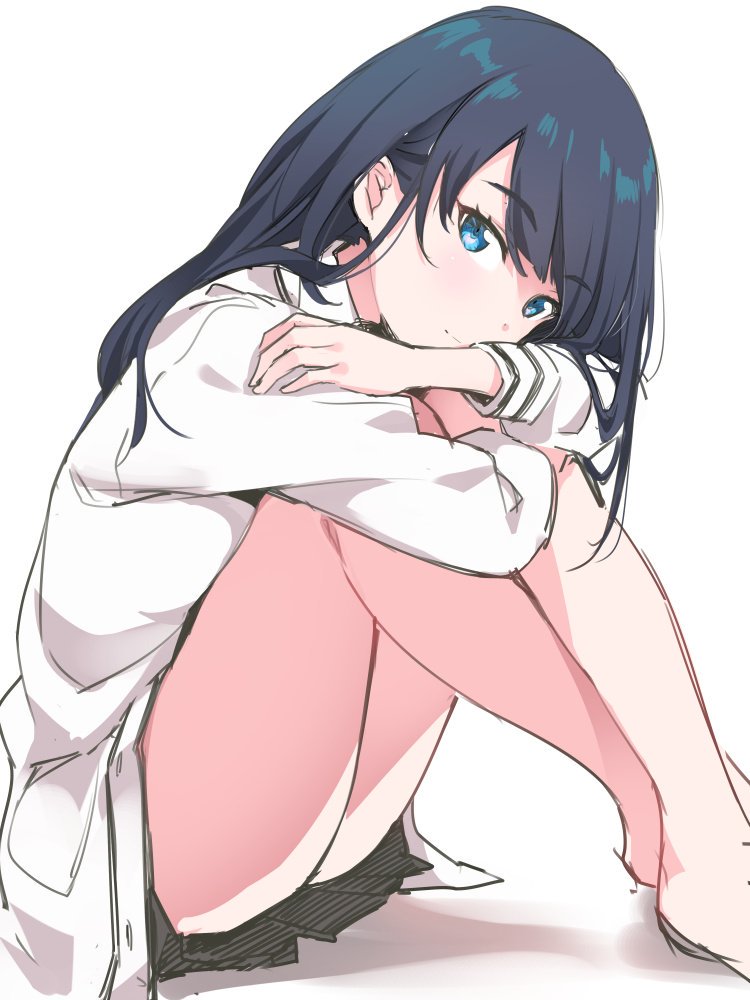 1girl asutora bangs bare_legs barefoot black_hair black_skirt blue_eyes blush cardigan commentary_request crossed_legs eyebrows_visible_through_hair feet_out_of_frame knees_up long_hair long_sleeves looking_at_viewer microskirt shadow simple_background sitting skirt solo ssss.gridman takarada_rikka thighs white_background white_cardigan