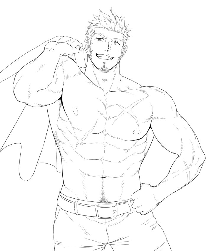 1boy abs bara beard belt body_hair chest facial_hair fate/grand_order fate_(series) greyscale hand_on_hip holding_clothes looking_at_viewer lumentunes male_focus monochrome muscle napoleon_bonaparte_(fate/grand_order) nipples pants pectorals scar smile smirk solo teeth topless white_background