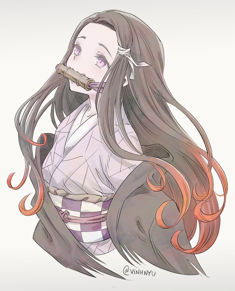 1girl alternate_costume asa_no_ha_(pattern) bamboo bit_gag checkered_obi forehead gag haori japanese_clothes kamado_nezuko kimetsu_no_yaiba kimono multicolored_hair obi pink_eyes pink_kimono pink_ribbon ribbon sash vinhnyu