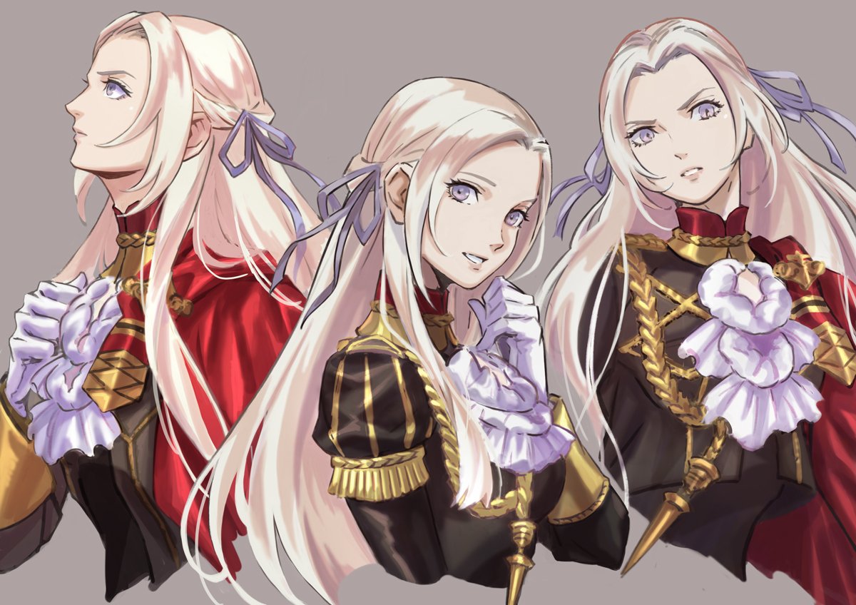 1girl blonde_hair blue_eyes cape cravat edelgard_von_hresvelg fire_emblem fire_emblem:_three_houses fire_emblem:_three_houses garreg_mach_monastery_uniform gloves hair_ornament hair_ribbon intelligent_systems koei_tecmo long_hair looking_at_viewer misica multiple_persona nintendo pantyhose red_cape ribbon simple_background smile solo uniform