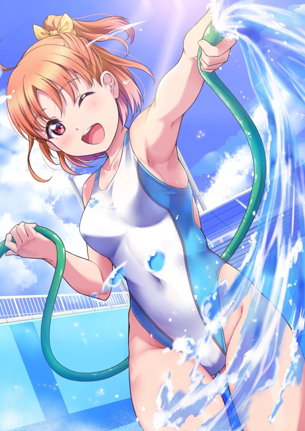 1girl ahoge arena_(company) ass_visible_through_thighs blue_sky braid clouds clover_hair_ornament competition_swimsuit cowboy_shot day dutch_angle empty_pool hair_ornament highleg highleg_swimsuit highres hose jacket kanabun looking_at_viewer love_live! love_live!_sunshine!! multicolored multicolored_clothes one-piece_swimsuit one_eye_closed open_mouth orange_hair outdoors ponytail red_eyes ribbon round_teeth short_hair side_braid sky smile solo swimsuit takami_chika teeth track_jacket upper_teeth water white_swimsuit yellow_ribbon