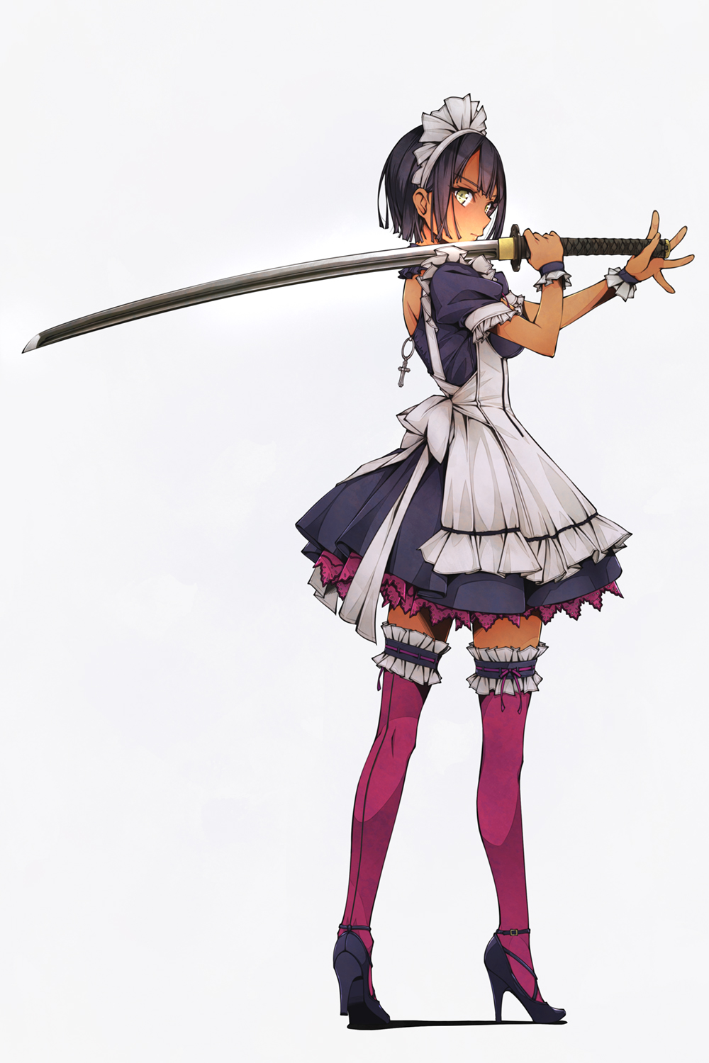 1girl apron backless_dress backless_outfit black_dress black_footwear black_hair brown_eyes commentary_request dress frilled_apron frilled_legwear frills full_body glowing glowing_eyes grey_background hands_up high_heels highres holding holding_sword holding_weapon katana maid maid_apron maid_headdress murakami_suigun original pink_legwear pleated_dress shadow shoe_soles shoes short_dress short_hair solo standing sword thigh-highs weapon white_apron wrist_cuffs zettai_ryouiki