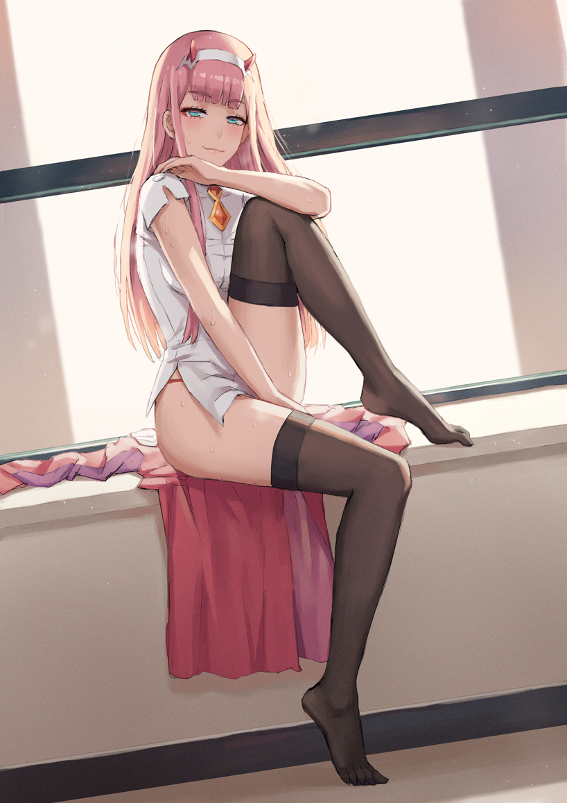 1girl bangs blunt_bangs bodysuit breasts darling_in_the_franxx dutch_angle eyebrows_visible_through_hair flat_chest full_body green_eyes hairband horns leg_up medium_breasts mool_yueguang oni_horns orange_neckwear panties pink_hair red_bodysuit red_horns red_panties shirt sitting smile solo straight_hair thigh-highs underwear white_hairband white_shirt window windowsill zero_two_(darling_in_the_franxx)