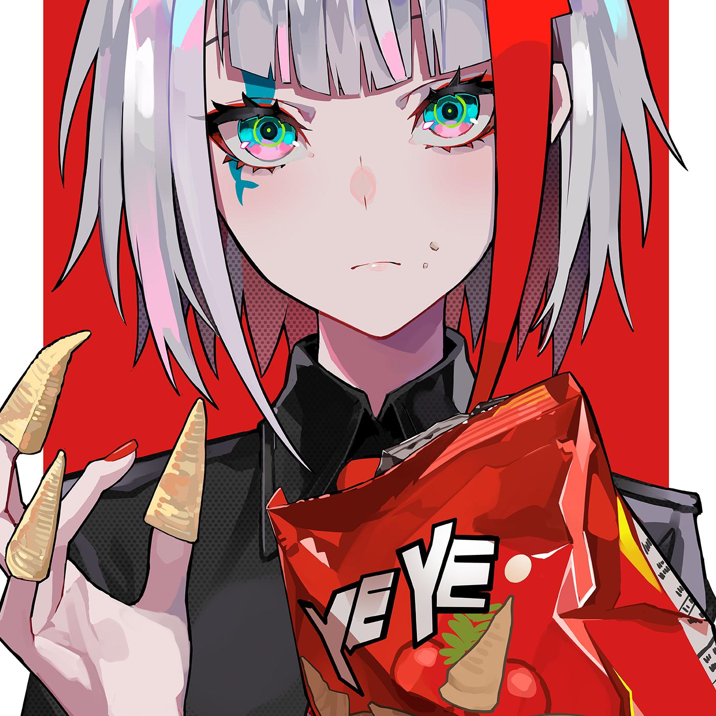 1girl admiral_graf_spee_(azur_lane) admiral_graf_spee_(maiden's_sunday)_(azur_lane) azur_lane bag_of_chips bangs blue_eyes bugles bugles_on_fingers chips eyebrows fingernails food food_on_face head_tilt highres holding looking_at_viewer multicolored multicolored_background multicolored_eyes multicolored_hair nail_polish necktie ram_(ramlabo) red_background red_neckwear redhead short_hair short_hair_with_long_locks silver_hair solo two-tone_hair upper_body white_background