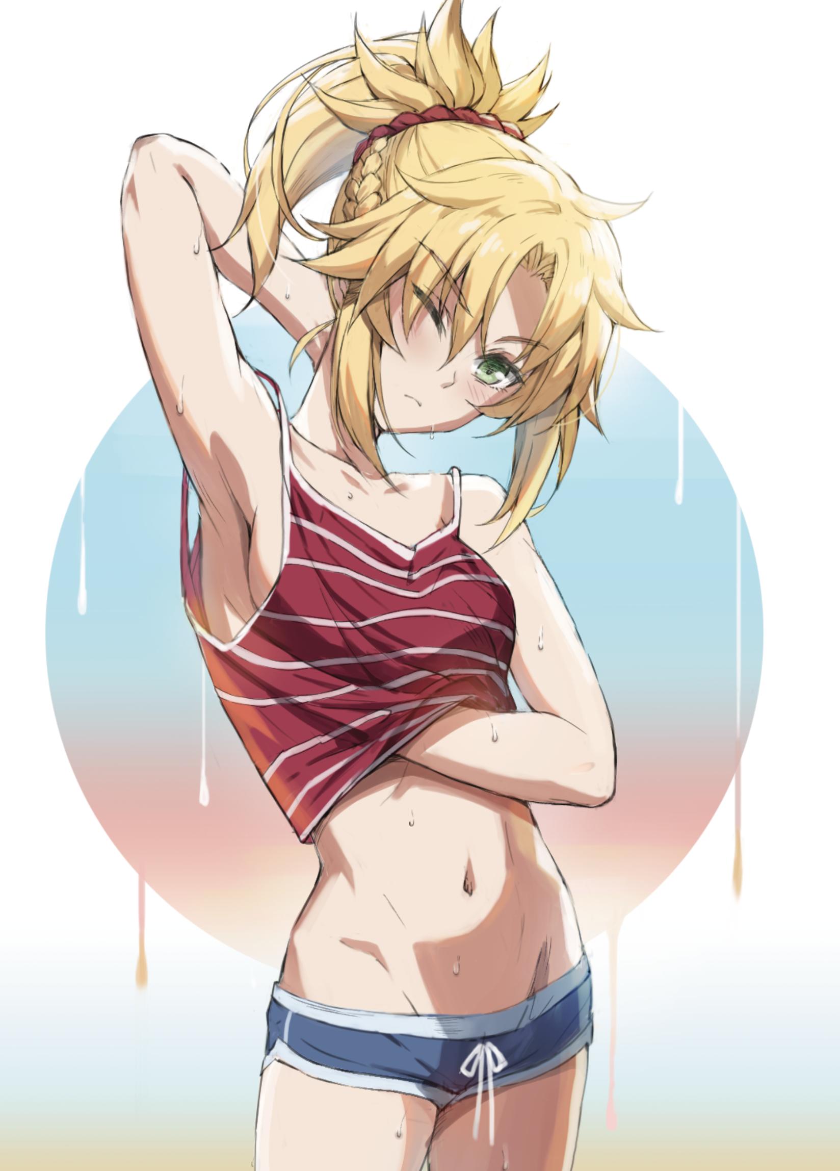 1girl arm_up armpits bad_id bad_twitter_id bangs bare_shoulders blonde_hair blue_shorts blush braid breasts camisole closed_mouth collarbone fate/apocrypha fate_(series) french_braid green_eyes hair_ornament hair_scrunchie highres long_hair looking_at_viewer mordred_(fate) mordred_(fate)_(all) navel one_eye_closed parted_bangs ponytail red_camisole scrunchie shirt short_shorts shorts sidelocks small_breasts solo striped striped_shirt sweat tonee