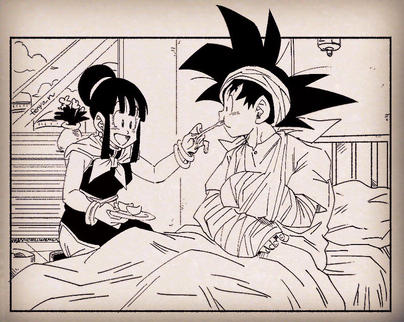 1boy 1girl bandaged_arm bandaged_head bandages bangs bed bed_sheet black_eyes black_hair bracelet building chewing chi-chi_(dragon_ball) china_dress chinese_clothes city clouds cloudy_sky commentary_request couple dragon_ball dragon_ball_z dress earrings eating eyelashes feeding fenyon fingernails flower fork hair_bun happy hetero hospital hospital_bed hospital_gown indoors jewelry neckerchief on_bed open_mouth pillow plate profile puffy_cheeks sitting sitting_on_bed sky sleeveless sleeveless_dress smile son_gokuu spiky_hair twitter_username vase wall window