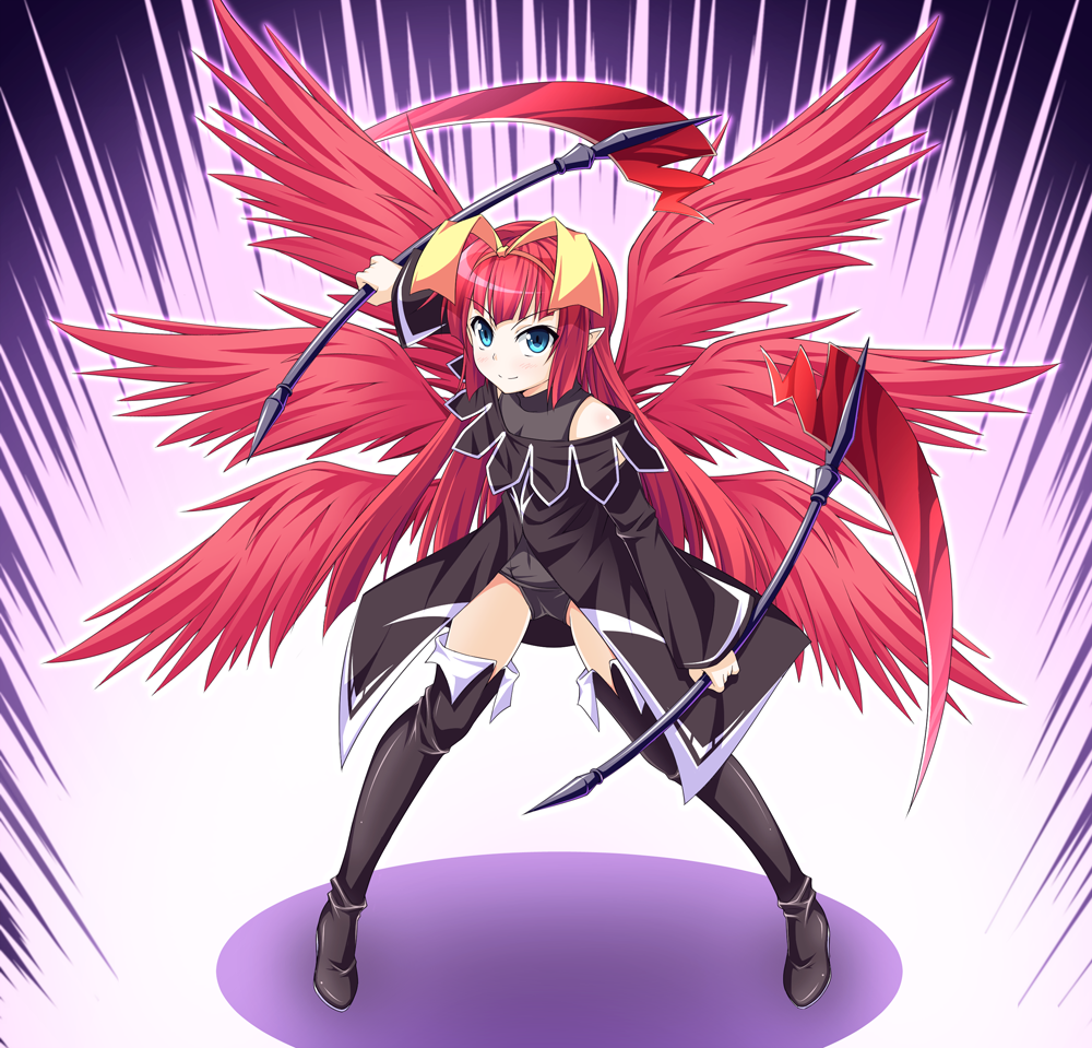 1girl aqua_eyes bangs bare_shoulders black_coat black_footwear blunt_bangs boots bow dual_wielding full_body hair_bow hairband holding holding_scythe holding_weapon kyuutou_(kyuutouryuu) long_hair long_sleeves looking_at_viewer multiple_wings original pointy_ears red_wings redhead scythe seraph shadow sidelocks smile solo stance standing thigh-highs thigh_boots weapon wings yellow_bow yellow_hairband