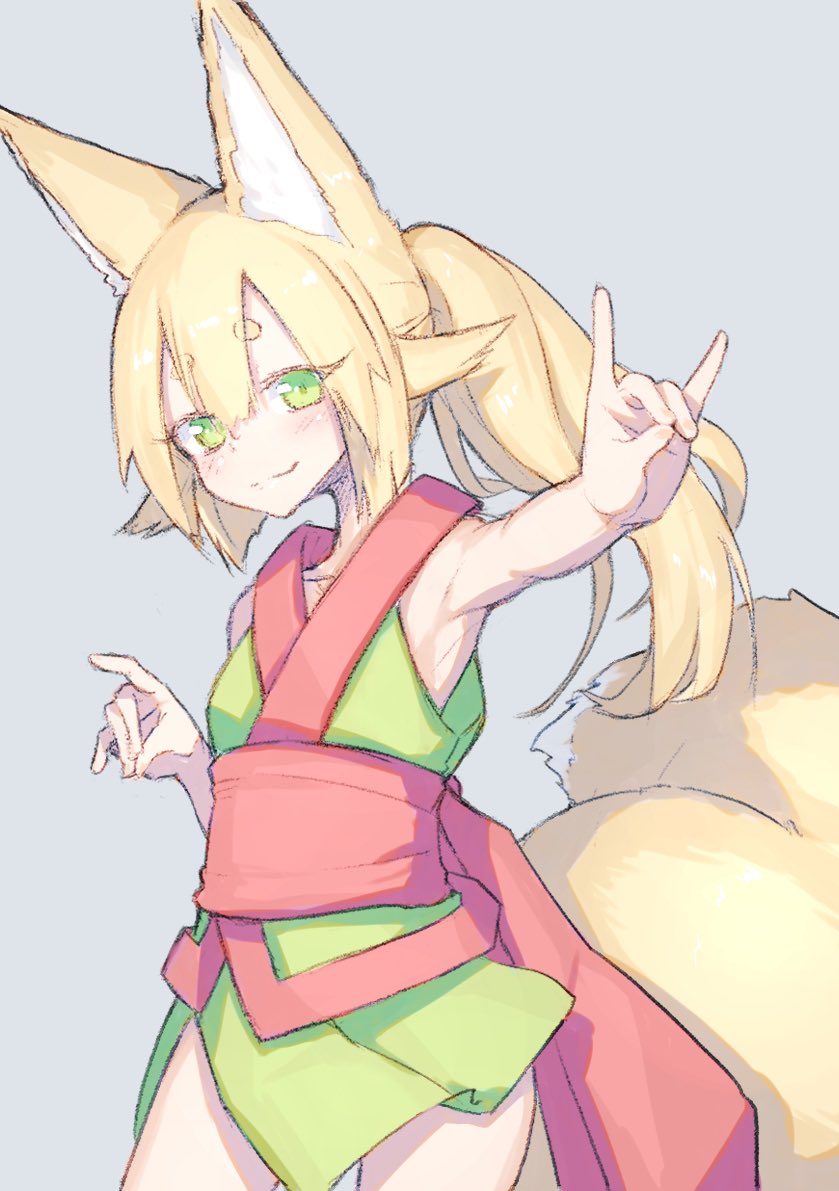 1girl \m/ animal_ear_fluff animal_ears arm_up armpits blonde_hair fox_ears fox_shadow_puppet fox_tail fukutchi green_eyes green_kimono grey_background hand_gesture japanese_clothes kimono long_hair long_tail obi original ponytail sash shadow_puppet short_kimono short_yukata simple_background sleeveless smile solo tail yukata