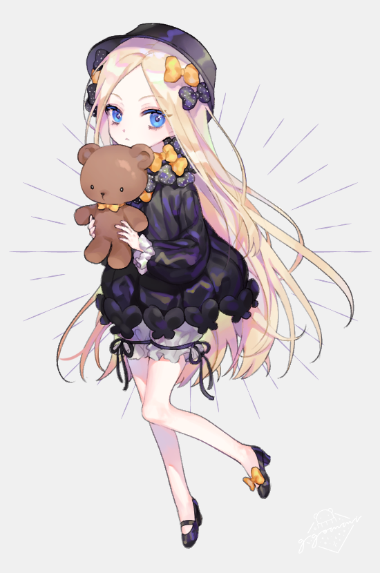 1girl abigail_williams_(fate/grand_order) bangs black_bow black_dress black_footwear black_headwear blonde_hair bloomers blue_eyes bow bug butterfly closed_mouth dress eungsam eyebrows_visible_through_hair fate/grand_order fate_(series) forehead full_body grey_background hair_bow hat high_heels holding holding_stuffed_animal insect long_hair long_sleeves looking_at_viewer orange_bow parted_bangs polka_dot polka_dot_bow shoes simple_background sleeves_past_wrists solo stuffed_animal stuffed_toy teddy_bear underwear very_long_hair white_bloomers