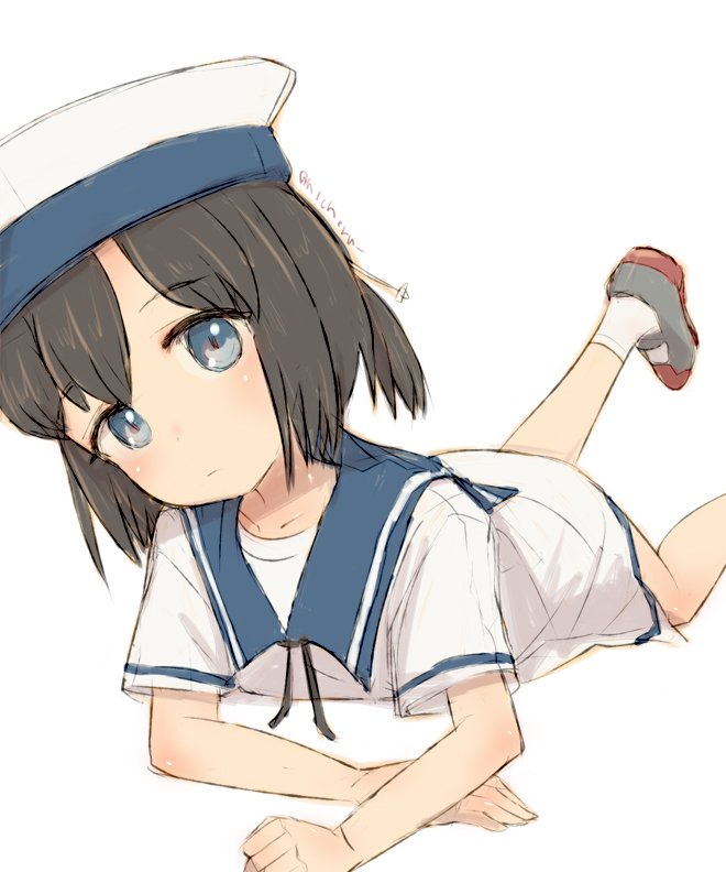 1girl alchera black_hair blue_eyes bob_cut daitou_(kantai_collection) dress hat high_ponytail kantai_collection lying on_stomach sailor_collar sailor_dress sailor_hat shoes short_hair short_sleeves sidelocks simple_background socks solo uwabaki white_background white_dress white_legwear