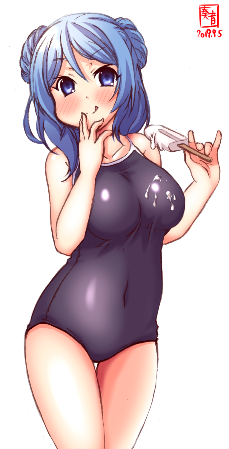 1girl alternate_costume artist_logo black_swimsuit blue_eyes blue_hair blush breasts collarbone commentary_request competition_swimsuit covered_navel cowboy_shot dated double_bun dripping food highres kanon_(kurogane_knights) kantai_collection large_breasts one-piece_swimsuit popsicle revision school_swimsuit short_hair simple_background solo swimsuit thigh_gap tongue tongue_out urakaze_(kantai_collection) white_background