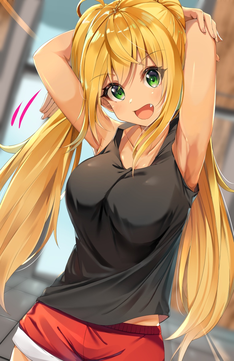 1girl :d ahoge armpits arms_behind_head arms_up bare_arms bare_shoulders black_shirt blonde_hair blurry blurry_background breasts collarbone danberu_nan_kiro_moteru? dogakobo fang green_eyes kurokuro_illust large_breasts long_hair looking_at_viewer moe motion_lines open_mouth red_shorts sakura_hibiki_(danberu_nan_kiro_moteru?) shirt shogakukan short_shorts shorts sleeveless sleeveless_shirt smile solo standing tank_top twintails very_long_hair