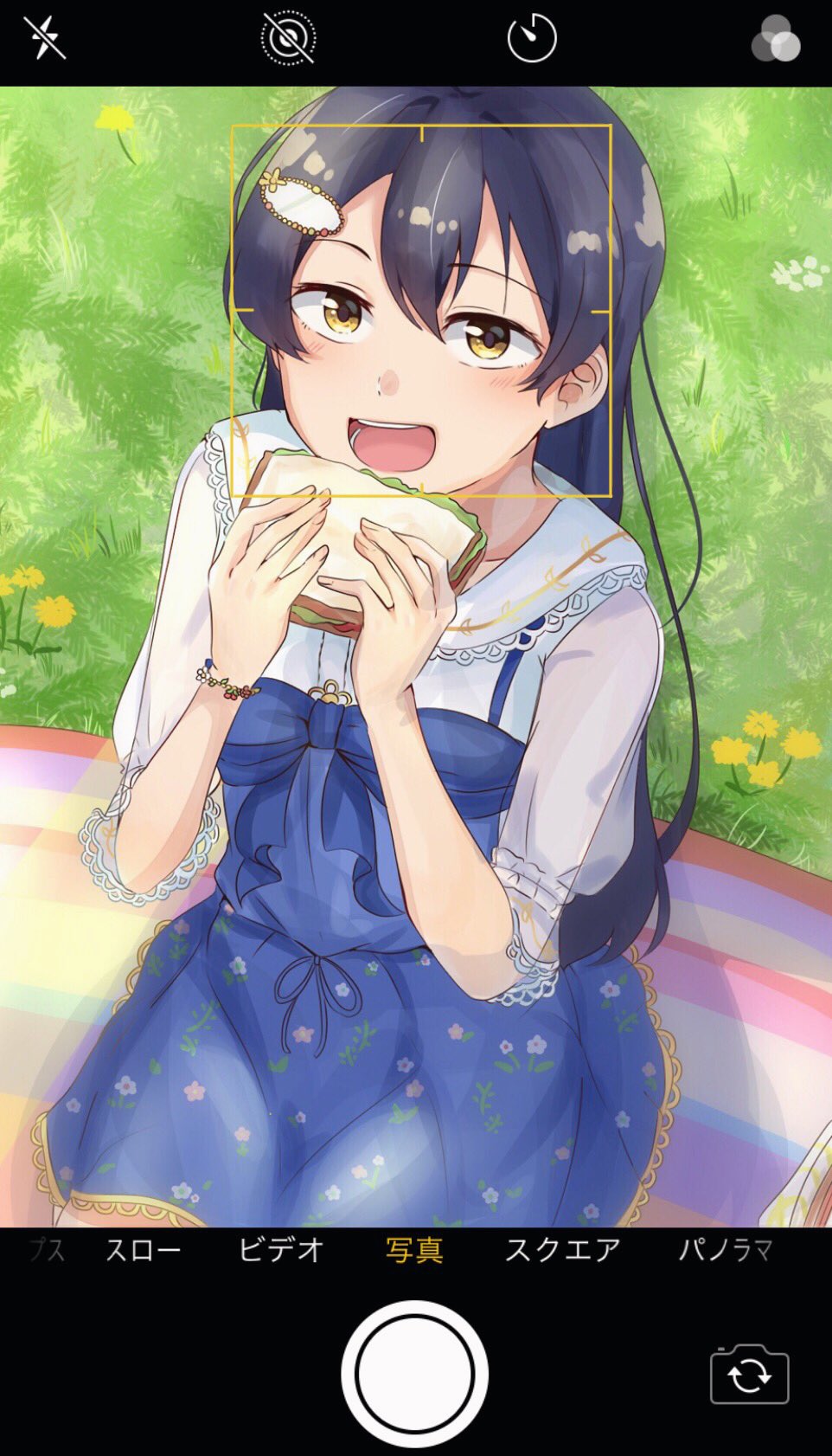 1girl bangs blue_hair blush eating eyebrows_visible_through_hair floral_print flower food hair_between_eyes hair_ornament highres holding holding_food long_hair looking_at_viewer love_live! love_live!_school_idol_festival love_live!_school_idol_project phone_screen sandwich see-through sitting solo sonoda_umi yellow_eyes zunda_mochi_(zundamochilala)