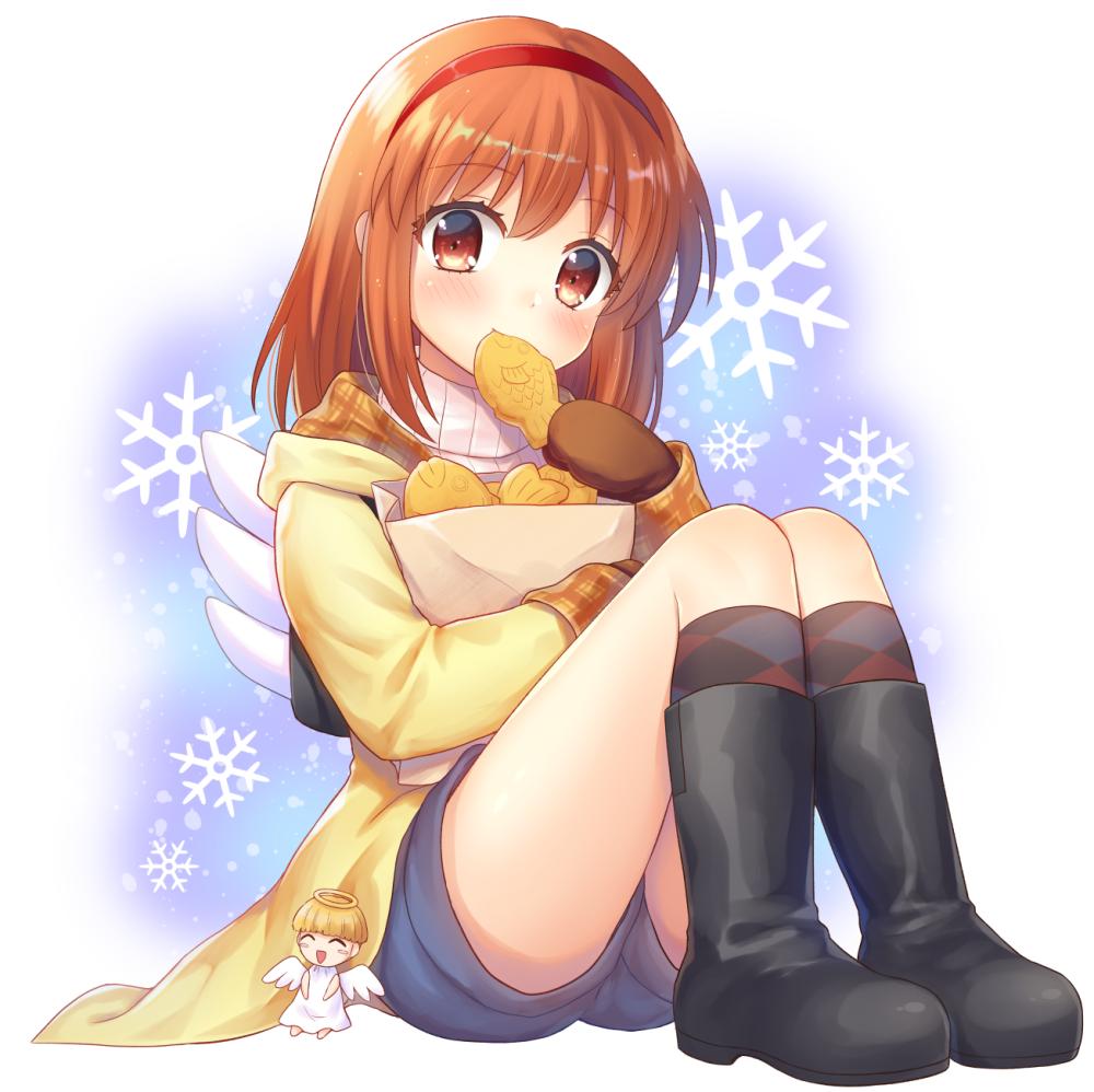 1girl angel argyle argyle_background backpack bag black_footwear blue_shorts boots brown_hair brown_mittens commentary_request food full_body hairband kanon kneehighs long_sleeves looking_at_viewer mittens nakamura_hinato red_eyes ribbed_sweater school_uniform short_hair shorts sitting snowflake_background solo sweater taiyaki tsukimiya_ayu wagashi white_background white_sweater