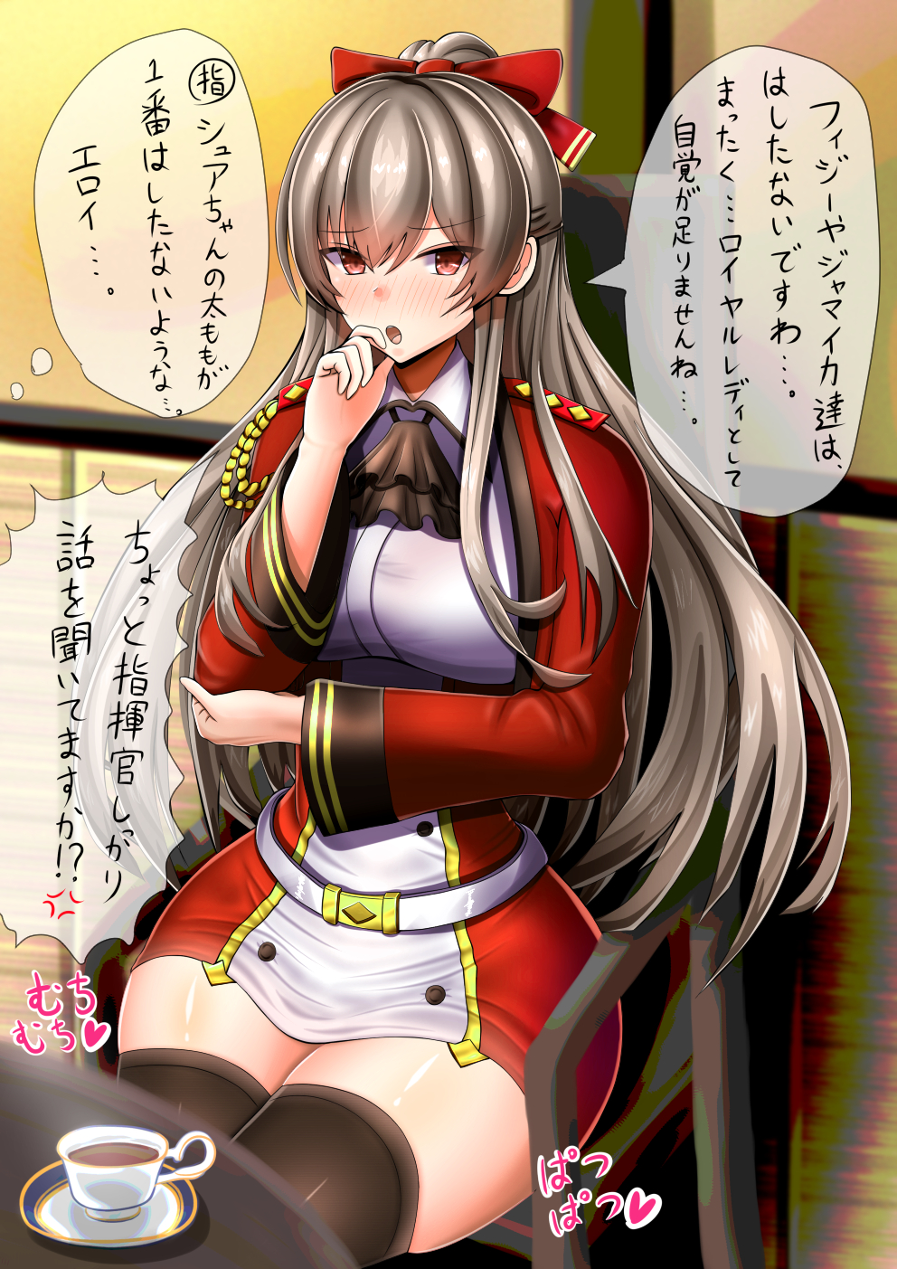 1girl aiguillette azur_lane bangs belt black_ascot blush bow breasts collared_shirt commentary_request cup dress eyebrows_visible_through_hair highres jacket large_breasts long_hair moepush multicolored multicolored_clothes multicolored_dress open_mouth red_bow red_jacket shirt silver_hair sitting swiftsure_(azur_lane) table teacup thigh-highs thighs translation_request