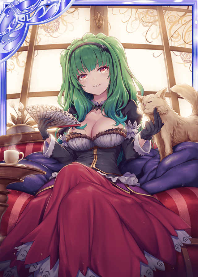 1girl akkijin black_gloves breasts card_(medium) cat chair cup curtains dress fan gloves green_hair hair_ornament holding holding_fan indoors large_breasts long_hair looking_at_viewer official_art orange_eyes purple_dress shinkai_no_valkyrie sitting teacup window