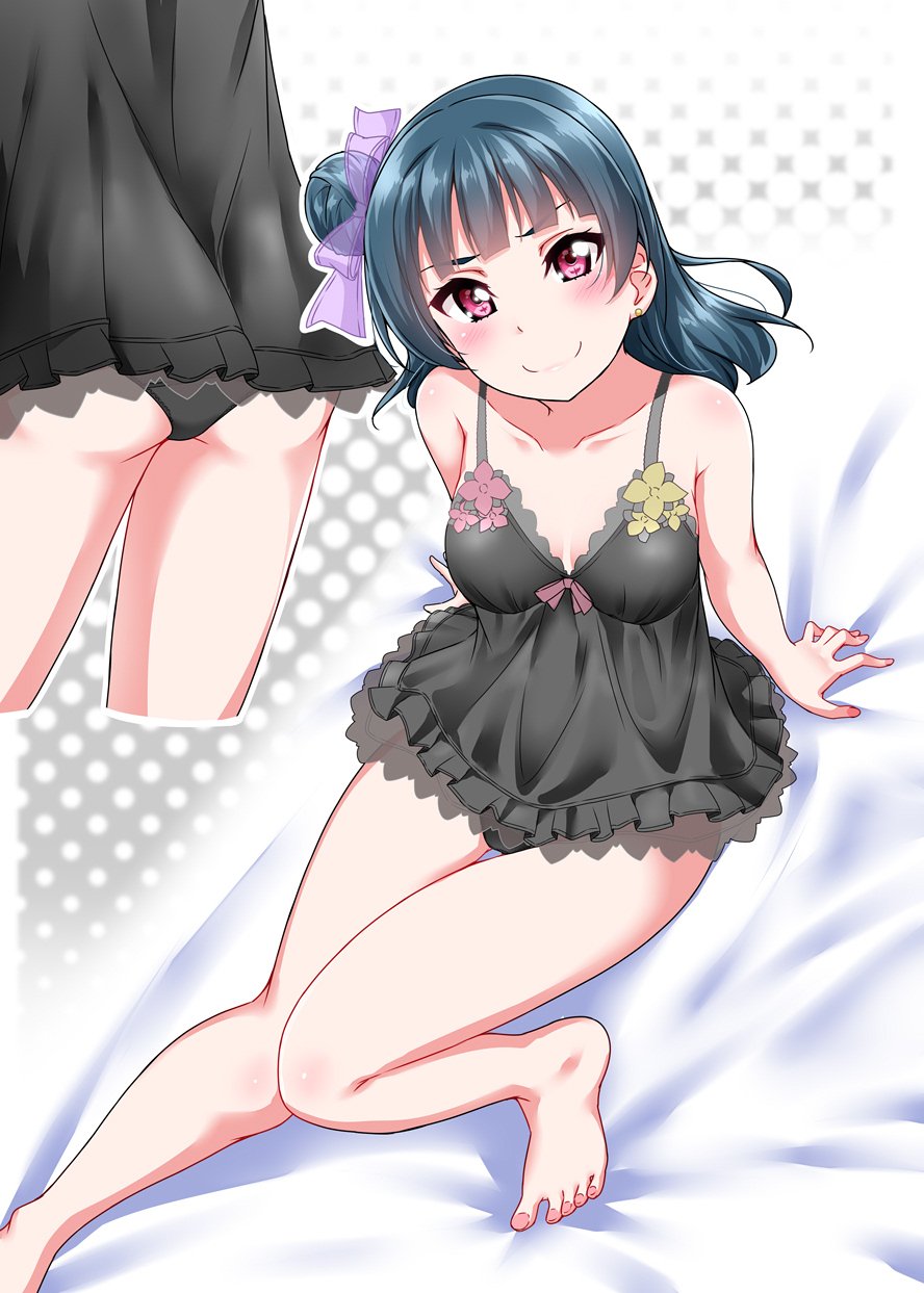 1girl ass bare_legs bare_shoulders barefoot black_panties blue_hair blush breasts camisole collarbone earrings frill_trim hair_bun hair_ribbon highres jewelry lace lace_trim long_hair love_live! love_live!_sunshine!! nail_polish panties ribbon sitting small_breasts smile solo tsushima_yoshiko underwear violet_eyes yopparai_oni