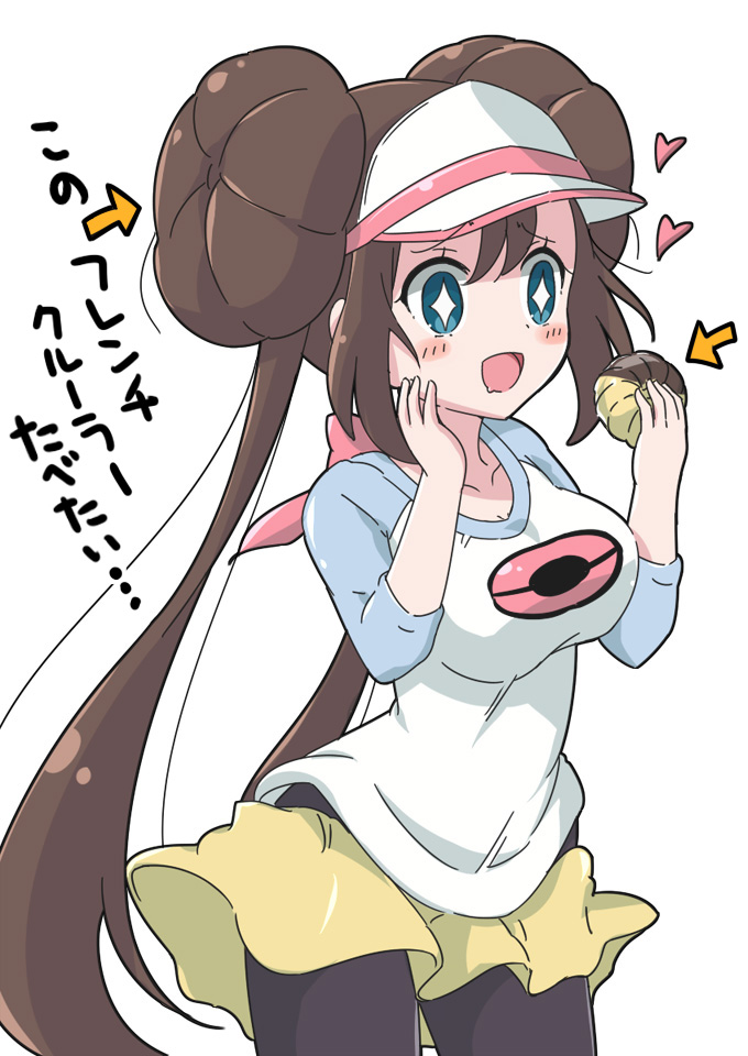 1girl arrow black_legwear blue_eyes blush breasts brown_hair cowboy_shot double_bun drooling hair_bun heart low_twintails mei_(pokemon) na!_(na'mr) open_mouth pantyhose pokemon pokemon_(game) pokemon_masters simple_background sparkling_eyes text_focus translation_request twintails visor_cap white_background