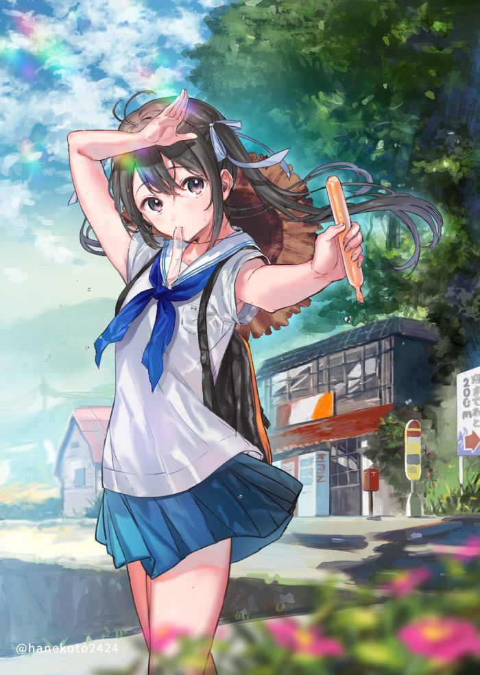 1girl antenna_hair arm_up armpit_peek backpack bag bare_arms black_hair blue_skirt blue_sky blurry blurry_foreground brown_eyes building clouds cloudy_sky day depth_of_field hair_ribbon hanekoto hat holding long_hair looking_at_viewer miniskirt mouth_hold neckerchief original outdoors outstretched_arm ribbon sailor_collar school_uniform serafuku shirt short_sleeves sidelocks skirt sky solo standing straw_hat sunlight tree tupet twintails twitter_username white_ribbon white_sailor_collar white_shirt