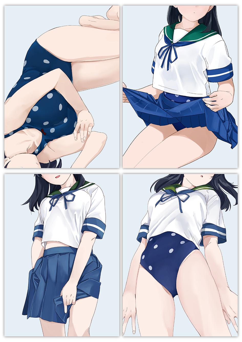 1girl :o bangs barefoot black_hair black_legwear blue_hair blue_neckwear blue_skirt blue_swimsuit blush breasts casual_one-piece_swimsuit collarbone feet fingernails full_body green_sailor_collar grey_background head_out_of_frame highres kantai_collection large_breasts long_hair looking_at_viewer lying multiple_views neckerchief ojipon on_side one-piece_swimsuit open_mouth pleated_skirt polka_dot polka_dot_swimsuit ribbon sailor_collar sailor_shirt school_uniform serafuku shirt short_sleeves simple_background sitting skirt skirt_lift socks standing sweat swimsuit swimsuit_under_clothes ushio_(kantai_collection) yellow_eyes