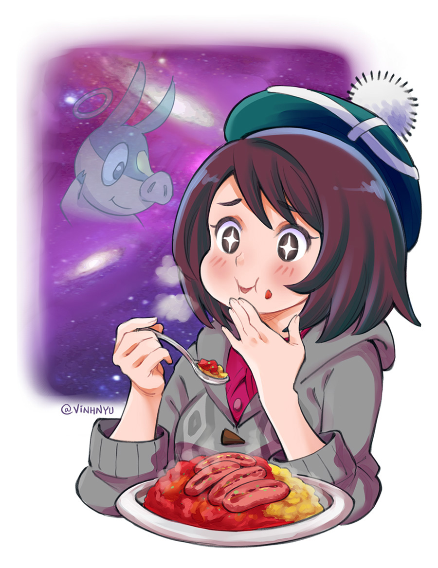 beret blush bob_cut brown_hair curry curry_rice eating female_protagonist_(pokemon_swsh) food food_on_face gen_5_pokemon grey_sweater halo hand_on_own_face happy hat pokemon pokemon_(creature) pokemon_(game) pokemon_swsh pom_pom_(clothes) rice sausage short_hair signature space spoon star star-shaped_pupils sweater symbol-shaped_pupils tam_o'_shanter tepig vinhnyu