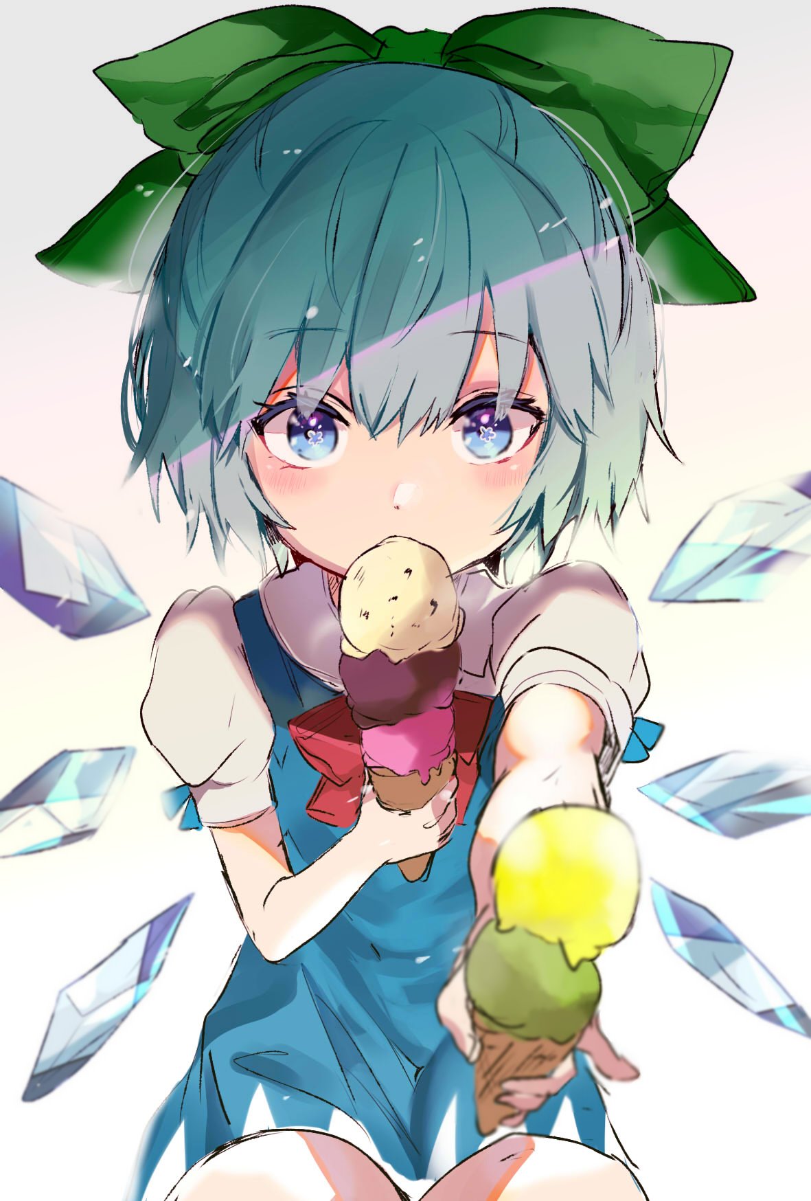 1girl bangs blue_dress blue_eyes blue_hair blush bow cirno commentary cowboy_shot dress eyebrows_visible_through_hair food gradient gradient_background green_bow grey_background hair_between_eyes hair_bow highres holding holding_food ice ice_cream ice_cream_cone ice_wings looking_at_viewer pinafore_dress puffy_short_sleeves puffy_sleeves satoupote shirt short_dress short_hair short_sleeves solo touhou white_background white_shirt wings