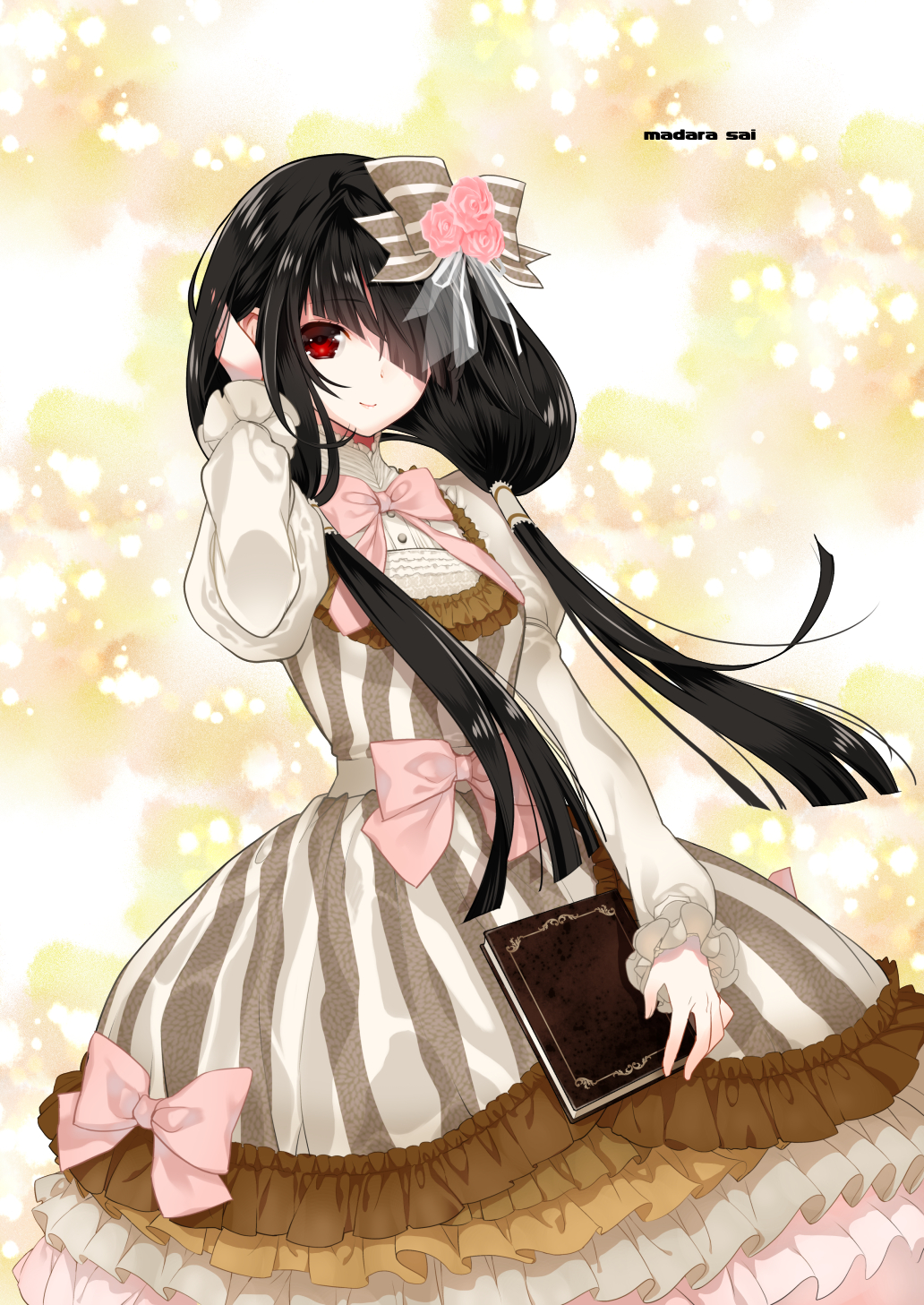 1girl artist_name asymmetrical_bangs bangs black_hair bow closed_mouth cowboy_shot date_a_live dress dress_shirt eyebrows_visible_through_hair floating_hair flower grey_bow hair_bow hair_flower hair_ornament hair_over_one_eye hair_tubes hand_in_hair highres holding layered_dress long_dress long_hair long_sleeves looking_at_viewer madara_sai pinafore_dress pink_bow pink_flower pink_neckwear pink_rose red_eyes rose shiny shiny_hair shirt sleeveless sleeveless_dress smile solo standing striped striped_bow striped_dress tokisaki_kurumi twintails very_long_hair white_background white_shirt