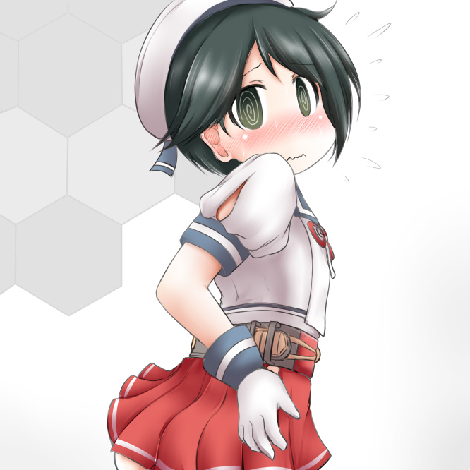 1girl @_@ black_hair blue_sailor_collar commentary_request cosplay double_v embarrassed gloves grey_eyes hat honeycomb_(pattern) honeycomb_background kantai_collection mikura_(kantai_collection) mikura_(kantai_collection)_(cosplay) mogami_(kantai_collection) ouno_(nounai_disintegration) pleated_skirt puffy_short_sleeves puffy_sleeves red_skirt sailor_collar sailor_hat sailor_shirt shirt short_hair short_sleeves skirt solo v white_background white_gloves white_shirt