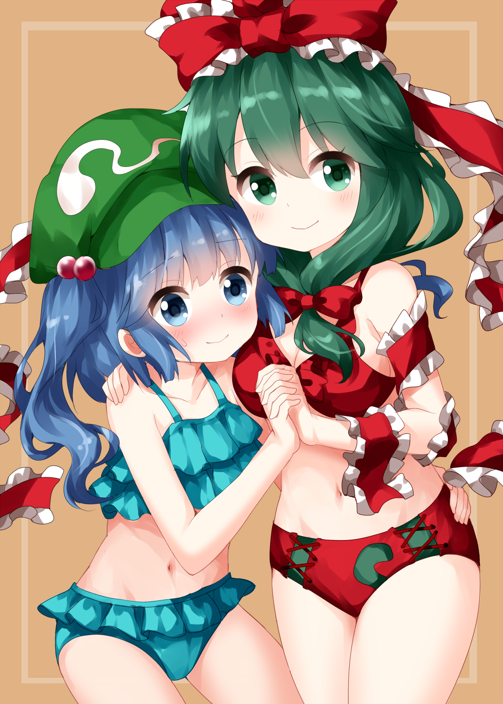 2girls arm_around_waist bangs bare_arms bare_shoulders bikini blue_bikini blue_eyes blue_hair blush bow breasts brown_background cabbie_hat collarbone commentary_request cowboy_shot eyebrows_visible_through_hair frilled_bikini frilled_ribbon frills front_ponytail green_eyes green_hair green_headwear groin hair_bow hair_ribbon hat highres holding_hands interlocked_fingers kagiyama_hina kawashiro_nitori long_hair looking_at_viewer medium_breasts multiple_girls navel outside_border red_bikini red_bow red_ribbon ribbon ruu_(tksymkw) simple_background smile standing stomach swimsuit thighs touhou two_side_up yuri