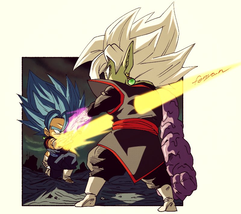 2boys arm_at_side black_pants blue_hair boots chibi city commentary_request dark_sky dougi dragon_ball dragon_ball_super earrings energy_sword facing_away fenyon full_body fused_zamasu gloves green_skin jewelry kneeling legs_apart long_sleeves looking_at_another male_focus multiple_boys outdoors outside_border outstretched_arm pants potara_earrings profile spiky_hair stabbed stabbing standing super_saiyan_blue sword twitter_username vegetto weapon white_footwear white_gloves white_hair wide-eyed zamasu