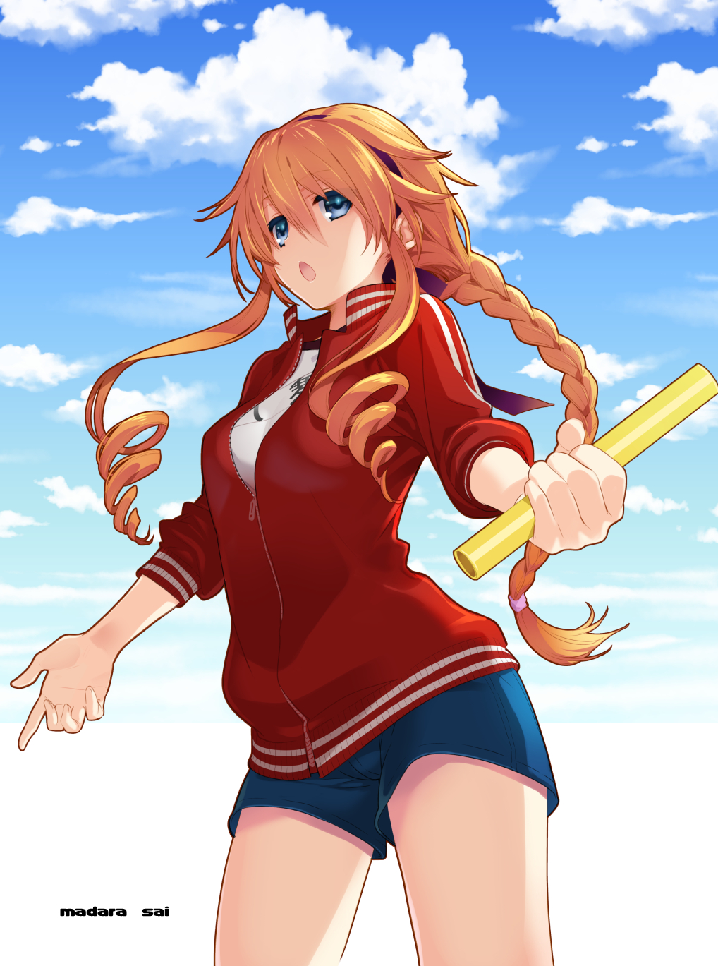 1girl artist_name blonde_hair blue_eyes blue_shorts blue_sky braided_ponytail clouds cowboy_shot date_a_live day drill_hair floating_hair hair_between_eyes highres holding index_finger_raised jacket long_hair long_sleeves madara_sai open_mouth outdoors partially_unzipped ponytail purple_headband red_jacket shirt short_shorts shorts sky solo standing track_jacket track_uniform twin_drills very_long_hair white_shirt yamai_yuzuru