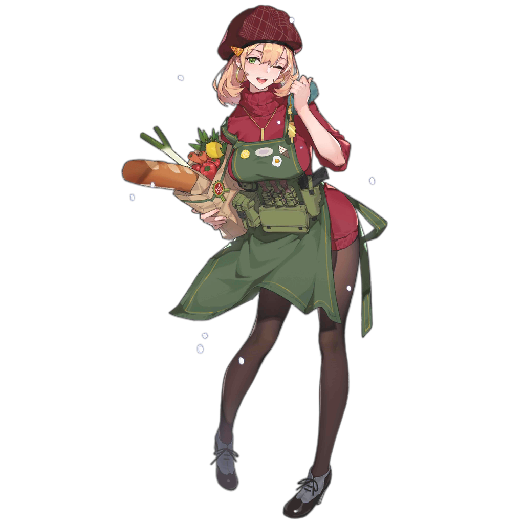 1girl alternate_costume apron bag baguette bangs beret black_footwear bread breasts carrot cheese commentary_request food girls_frontline grocery_bag gun hair_between_eyes handgun hat holding holding_bag holster holstered_weapon looking_at_viewer medium_hair official_art one_eye_closed open_mouth pantyhose paper_bag pistol px4_storm_(girls_frontline) rainli red_sweater shoes shopping_bag smile snow solo spring_onion standing sweater tomato transparent_background weapon