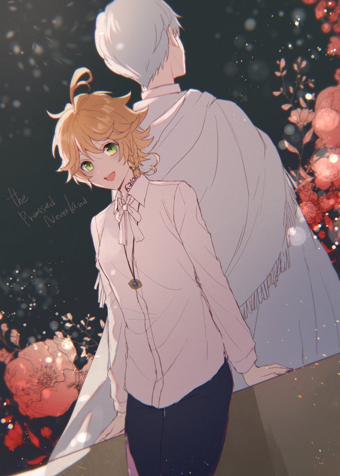 1boy 1girl ahoge back-to-back bangs black_pants bow bowtie braid cape cloak commentary copyright_name emma_(yakusoku_no_neverland) eyebrows_visible_through_hair flower green_eyes hair_between_eyes hair_ornament hair_ribbon jewelry long_sleeves looking_at_viewer medallion neck_tattoo norman_(yakusoku_no_neverland) number_tattoo open_mouth orange_hair pants pendant purplewis red_flower ribbon shirt short_hair simple_background smile standing tattoo upper_body white_cloak white_hair white_neckwear white_shirt yakusoku_no_neverland