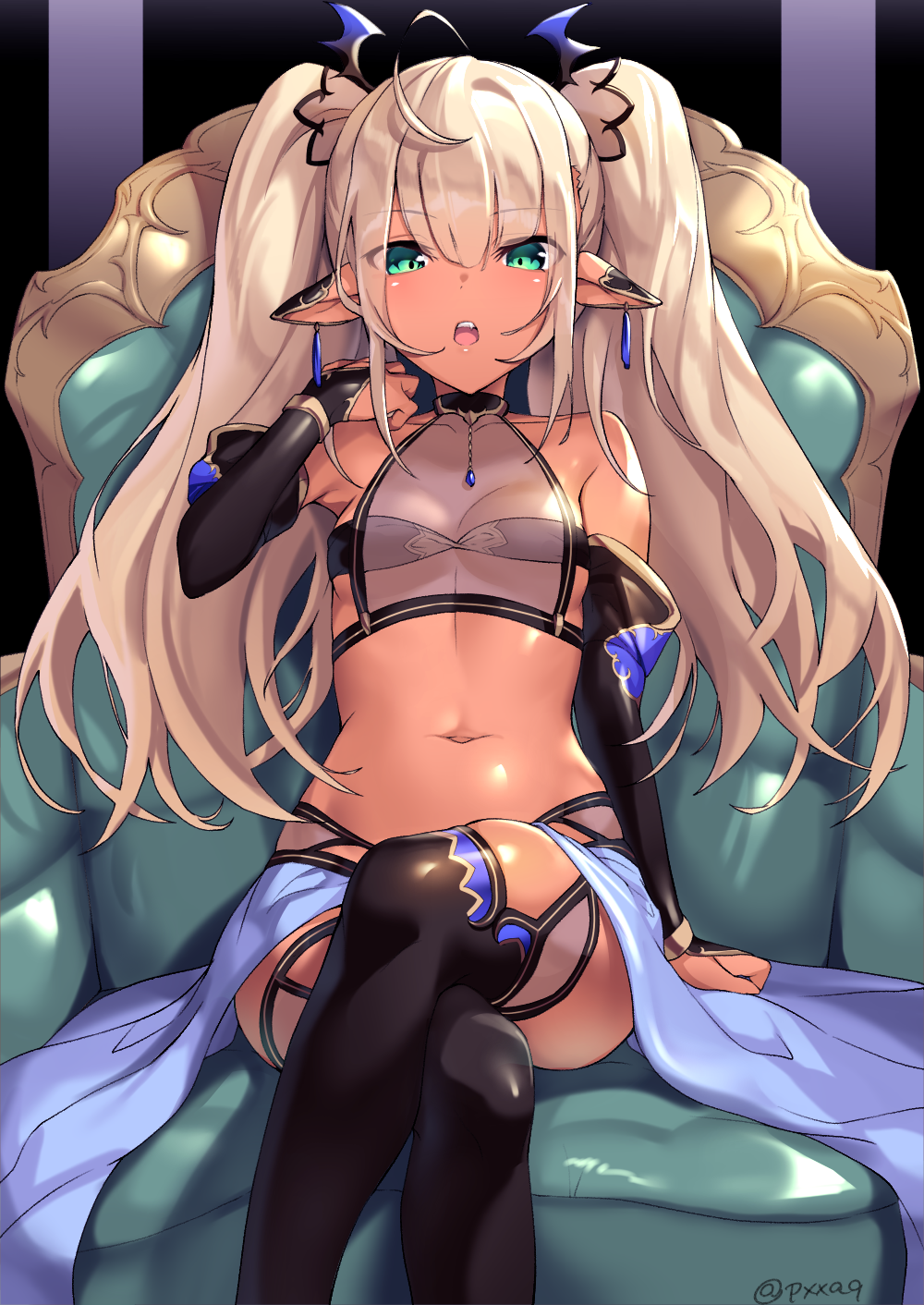 1girl bandeau bangs bare_shoulders black_gloves black_legwear blonde_hair blush breasts bridal_gauntlets chair crossed_legs curcumin demon_girl eyebrows_visible_through_hair gloves green_eyes hand_up highres horns long_hair looking_at_viewer open_mouth original pointy_ears sidelocks sitting small_breasts solo succubus thigh-highs twintails twitter_username