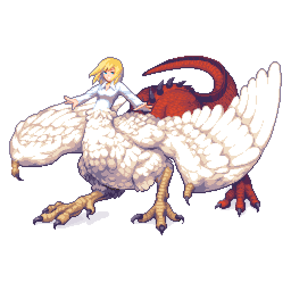 1girl blonde_hair blue_eyes chimera claws dragon dragon_tail griffin original pixel_art pixelflag scales short_hair simple_background smile solo standing tail talons white_background wings